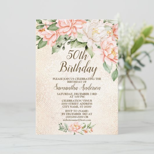 バースデーパーティーウォーターカラーピーチホワイトフラワー 招待状 (スタンド正面)