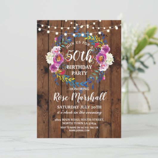 バースデーパーティーウッドピンクフローラリース招待状 招待状 (スタンド正面)