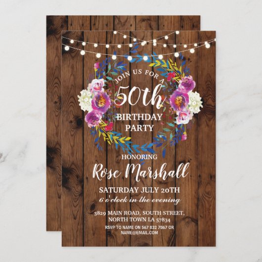 バースデーパーティーウッドピンクフローラリース招待状 招待状 (正面/裏面)