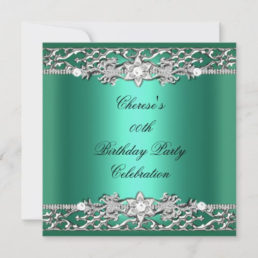 バースデーパーティーエレガントジェードグリーンシルバーダイヤモンド 招待状 (正面)