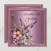 バースデーパーティーエレガントフローラバタフライピンク 招待状 (正面/裏面)