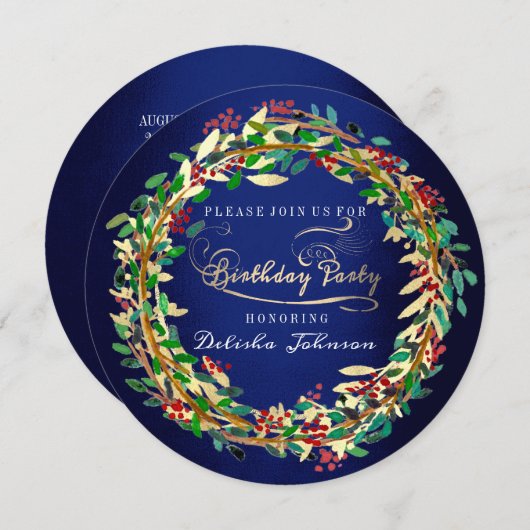 バースデーパーティーエレガントフローラブルーネイビーグリーン金ゴールド 招待状 (正面/裏面)