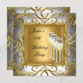 バースデーパーティーエレガントホワイトシルバー金ゴールドシャンパン 招待状 (正面/裏面)