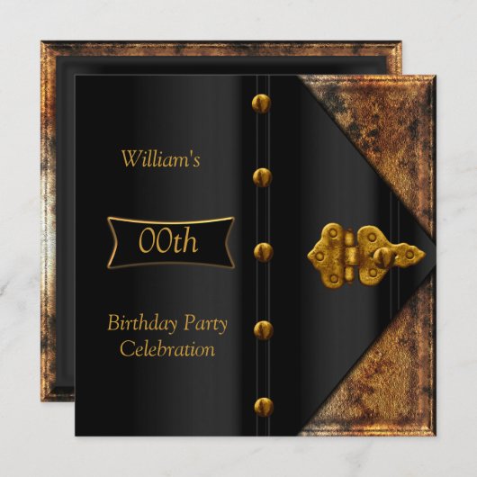 バースデーパーティーエレガントメンズラスティ金ゴールドブラック 招待状 (正面/裏面)