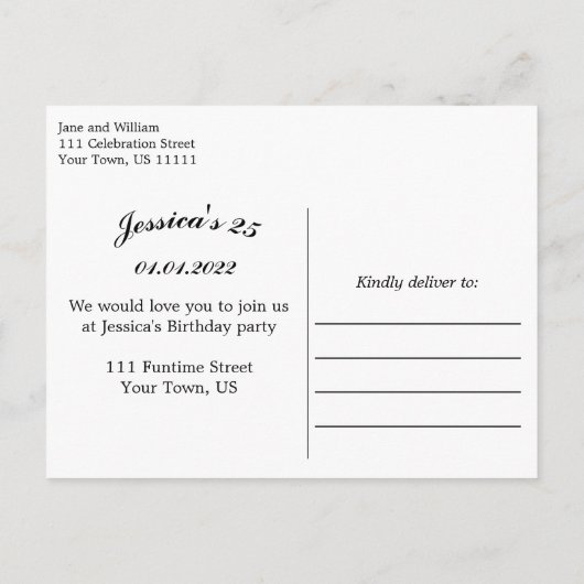 バースデーパーティーエレガントリーガルゴールデンタイポグラフィ 案内ポストカード (裏面)