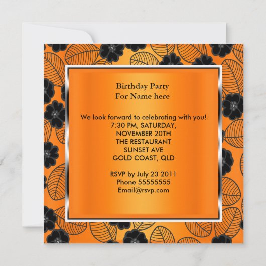 バースデーパーティーオレンジダマスクシルバーブラック 招待状 (裏面)