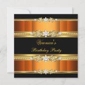 バースデーパーティーオレンジ金ゴールドブラック 招待状 (正面)