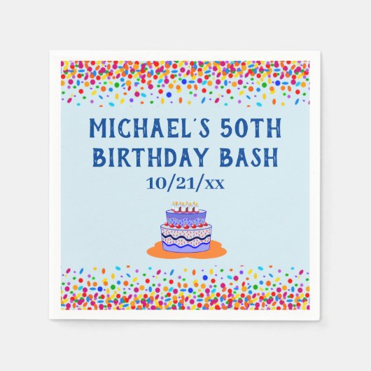 バースデーパーティーカッコいいブルーケーキカラフル紙吹雪 スタンダードカクテルナプキン (正面)