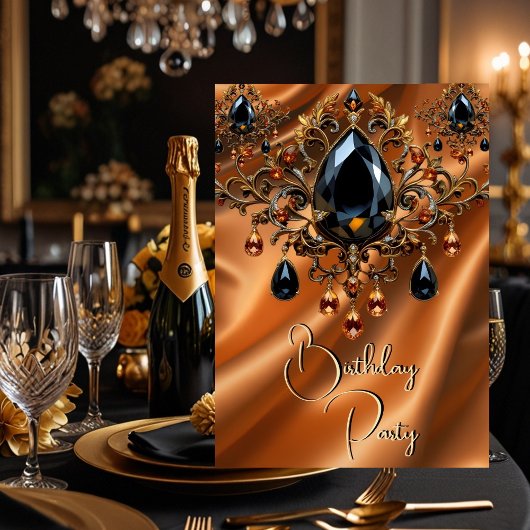 バースデーパーティーカラメル金ゴールドシルクブラックジュエル 招待状