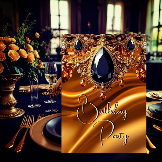 バースデーパーティーカラメル金ゴールドシルクブラックブルージェム 招待状