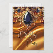 バースデーパーティーカラメル金ゴールドシルクブラックブルージェム 招待状 (正面)