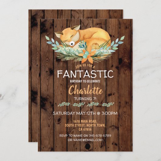 バースデーパーティーキツネガールズボーイズウッドファンタスティック 招待状 (正面/裏面)