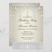 バースデーパーティークリスタルかわいらしシルバーセピアダイヤモンド 招待状 (正面/裏面)