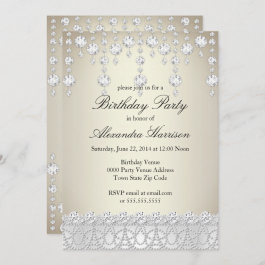 バースデーパーティークリスタルかわいらしシルバーセピアダイヤモンド 招待状 (正面/裏面)