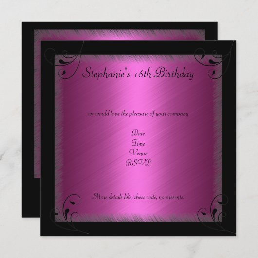 バースデーパーティーグラモールホットピンクブラックスウィート16 招待状 (正面/裏面)