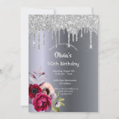 バースデーパーティーグリッタードリップブルゴーニュ花模様 招待状 (正面)
