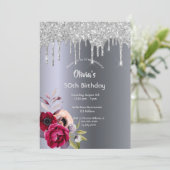 バースデーパーティーグリッタードリップブルゴーニュ花模様 招待状 (スタンド正面)