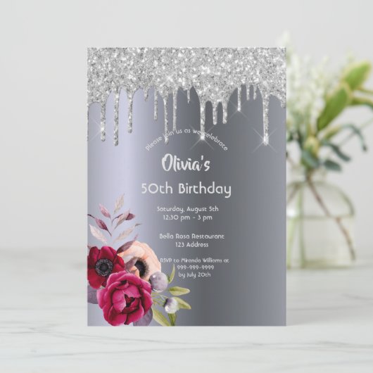 バースデーパーティーグリッタードリップブルゴーニュ花模様 招待状 (スタンド正面)