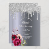 バースデーパーティーグリッタードリップブルゴーニュ花模様 招待状 (正面/裏面)