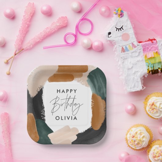 バースデーパーティーグリーンテラコッタ抽象芸術デコール ペーパープレート (パーティー)