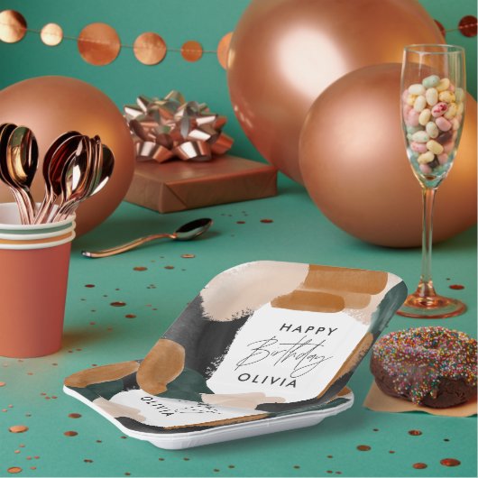 バースデーパーティーグリーンテラコッタ抽象芸術デコール ペーパープレート (複数)