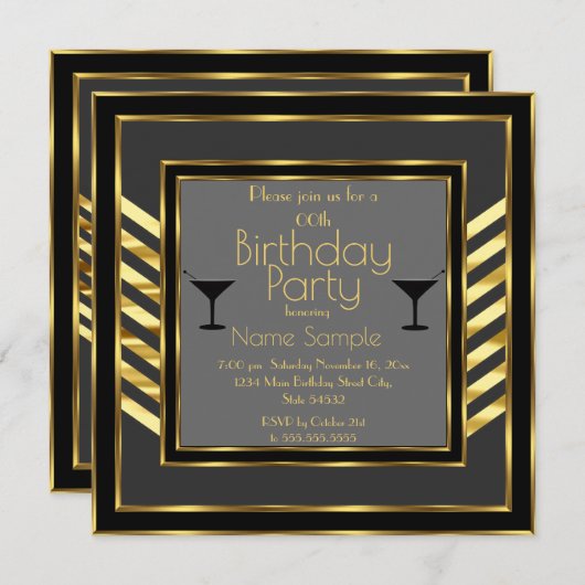 バースデーパーティーグレイブラック金ゴールドアールデコマルティーニ 招待状 (正面/裏面)