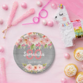 バースデーパーティーグレーの木材赤面花模様 ペーパープレート (パーティー)