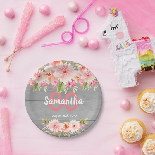 バースデーパーティーグレーの木材赤面花模様 ペーパープレート (パーティー)