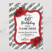 バースデーパーティーグレーレッドローズシルバーグリッター60th 招待状 (正面/裏面)