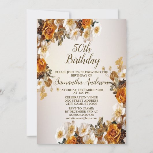 バースデーパーティーゴールデンオレンジホワイト素朴花 招待状 (正面)