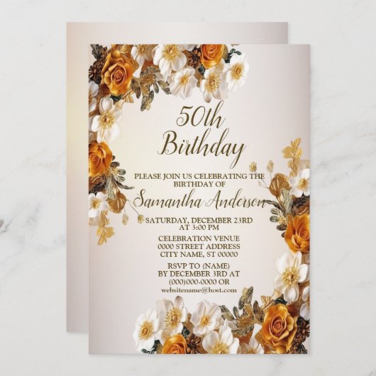 バースデーパーティーゴールデンオレンジホワイト素朴花 招待状 (正面/裏面)