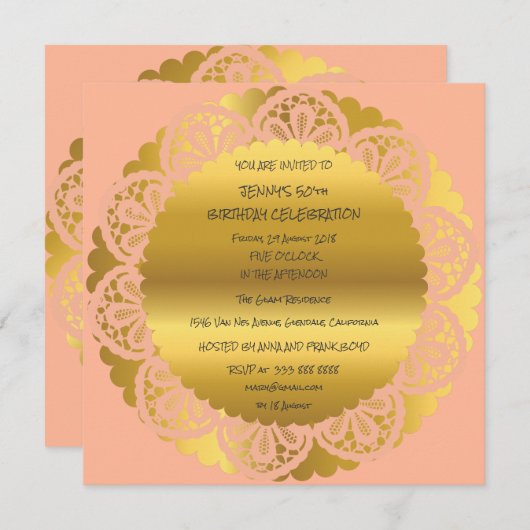 バースデーパーティーゴールデンピーチパステルレースグラム 招待状 (正面/裏面)