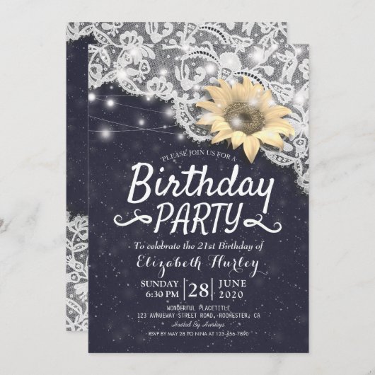 バースデーパーティーシックなレースサンフラワーストリングライト 招待状 (正面/裏面)