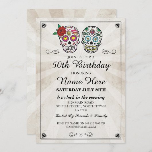 バースデーパーティーシュガースカル招待状ハロウィーン 招待状 (正面/裏面)