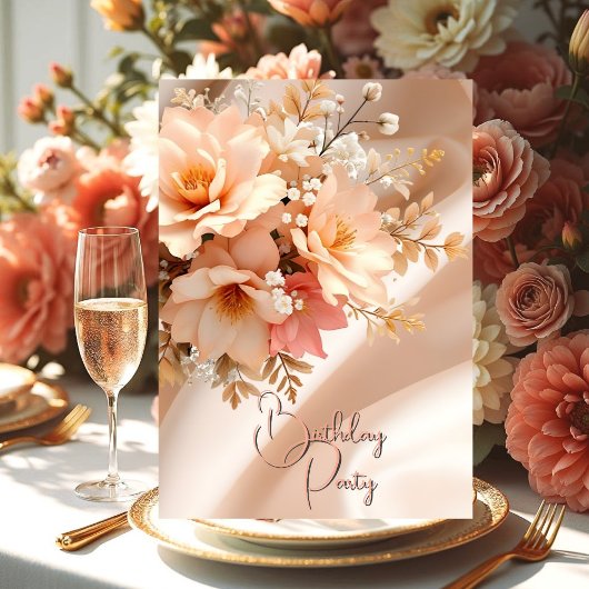バースデーパーティーシルクかわいらしピーチピンクフローラ 招待状