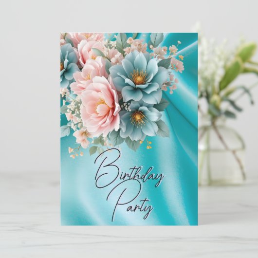 バースデーパーティーシルクティール（緑がかった色）赤面ピンクの花 招待状 (スタンド正面)