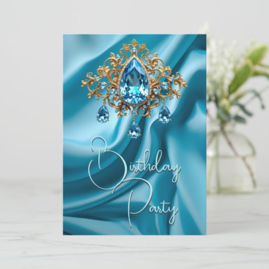 バースデーパーティーシルクパウダーブルージュエル金ゴールド 招待状 (スタンド正面)