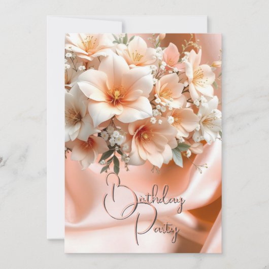 バースデーパーティーシルクピーチピンクの花 招待状 (正面)