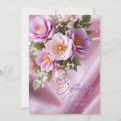 バースデーパーティーシルク赤面ピンク薄紫花 招待状 (正面)