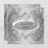 バースデーパーティーシルバーオンシルバーメタルグリッター2 招待状 (正面/裏面)