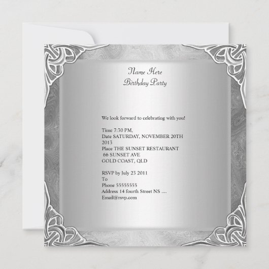 バースデーパーティーシルバーオンシルバーメタルグリッター2 招待状 (裏面)