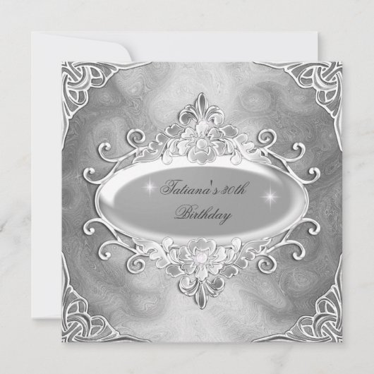 バースデーパーティーシルバーオンシルバーメタルグリッター2 招待状 (正面)