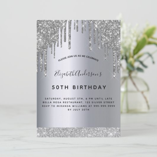 バースデーパーティーシルバーグリッターが華やかに滴る 招待状 (スタンド正面)