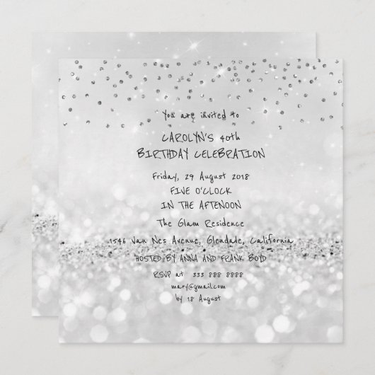 バースデーパーティーシルバーグリッターグレー白黒Vip 招待状 (正面/裏面)