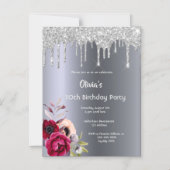 バースデーパーティーシルバーグリッタードリップフローラ マグネット招待状 (正面)