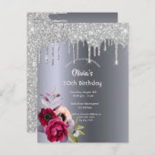 バースデーパーティーシルバーグリッターフローラ招待 ポストカード (正面/裏面)