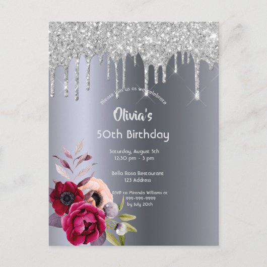 バースデーパーティーシルバーグリッターフローラ招待 ポストカード (正面)