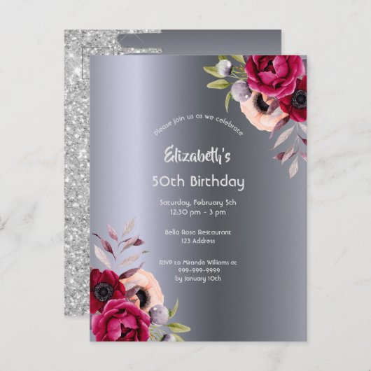 バースデーパーティーシルバーフローラバーガンディ ポストカード (正面/裏面)