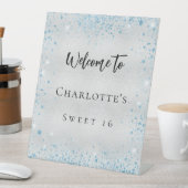 バースデーパーティーシルバーブルーグリッターへようこそ 台座サイン (インサイチュ)