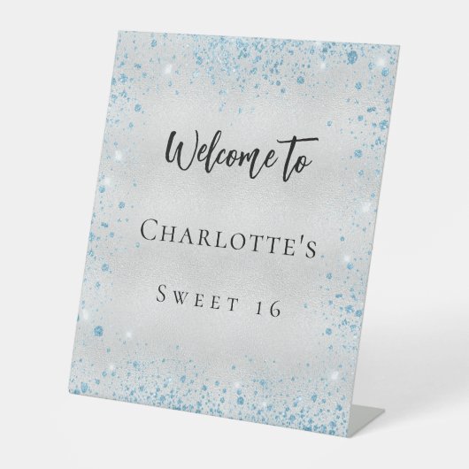 バースデーパーティーシルバーブルーグリッターへようこそ 台座サイン (正面)